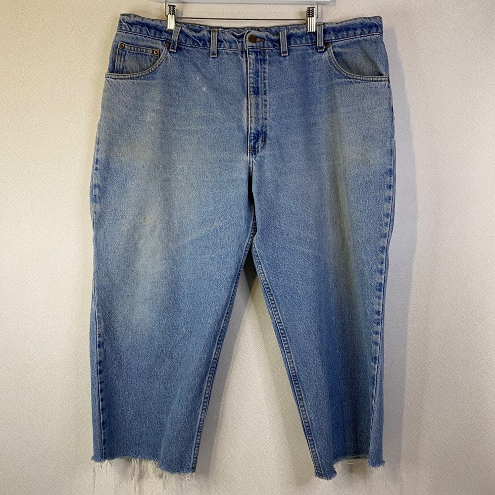 Carhartt Jeans Mens 44 Light Wash Cut Off Raw Hem Relaxed Fit Workwear Denim GUC